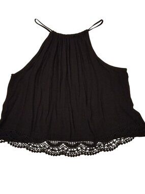 H&M Flared Black Flowy Crinkle Tank Top with Lace Crochet-Like Hem US 6 Small
